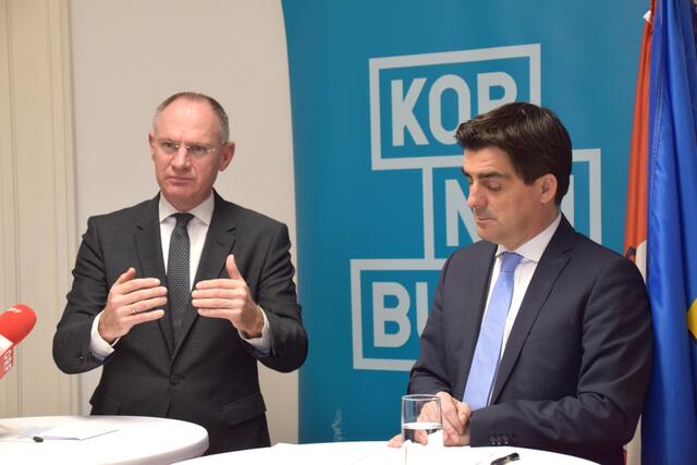 Innenminister Gerhard Karner und Bürgermeister Christian Gepp bei der gemeinsamen Pressekonferenz.