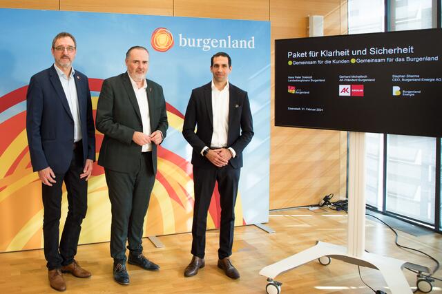 Landeshauptmann Hans Peter Doskozil, Burgenland Energie-CEO Stephan Sharma und AK-Präsident Gerhard Michalitsch bei der Präsentation des Pakets für Klarheit und Sicherheit. | Foto: Landesmedienservice Burgenland