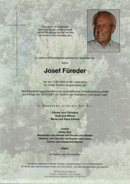 Josef Füreder ✝︎ 17. Februar 2024 | Foto: Bestattung Smrekar