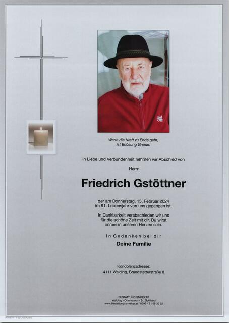 Friedrich Gstöttner ✝︎ 15. Februar 2024 | Foto: Bestattung Smrekar