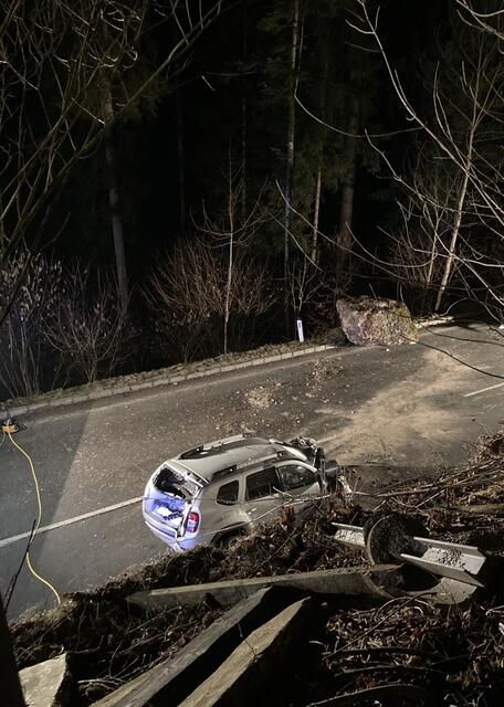 Der zirka 10 Tonnen schwerer Felsbrocken durchschlug die Steinschlagsicherung oberhalb der Lamertal Straße und stürzte auf die darunter liegende Fahrbahn. Ein 49-jähriger Einheimischer konnte mit seinem PKW nicht mehr ausweichen. | Foto: Polizei Salzburg / PI Abtenau