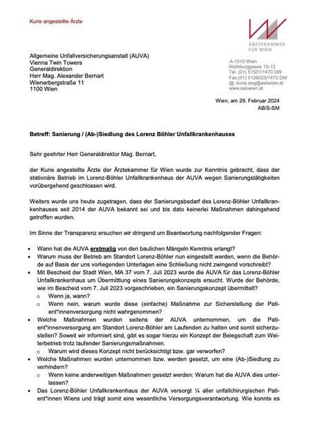 Die Kurie angestellte Ärzte der Ärztekammer Wien richtet einen offenen Brief an die AUVA. | Foto: Ärztekammer für Wien