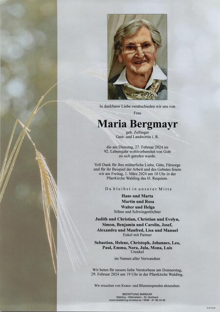 Maria Bergmayr ✝︎ 27. Februar 2024 | Foto: Bestattung Smrekar