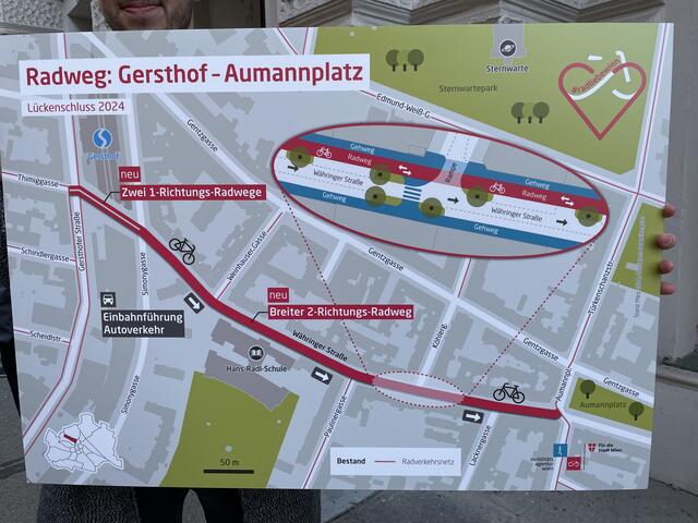 Damit Radweg und Begrünung auch umsetzbar ist, wird die Währinger Straße stadteinwärts teilweise als Einbahn geführt. Die Einbahnen Weinhauser Gasse und Köhlergasse zwischen Währinger Straße und Gentzgasse werden umgedreht.  | Foto: Laura Rieger