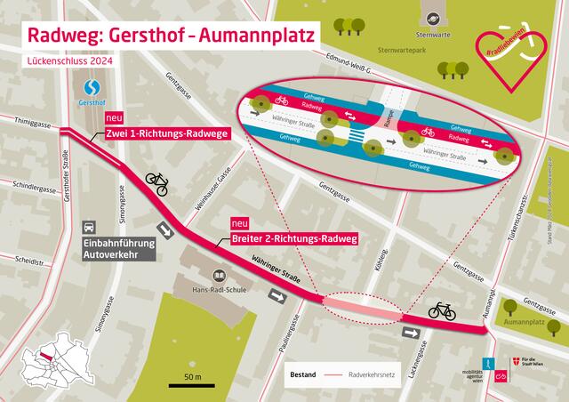Mit dem Radweg zwischen Gersthof und Aumannplatz kommt auch eine Einbahnführung für den Autoverkehr. | Foto: Mobilitätsagentur Wien