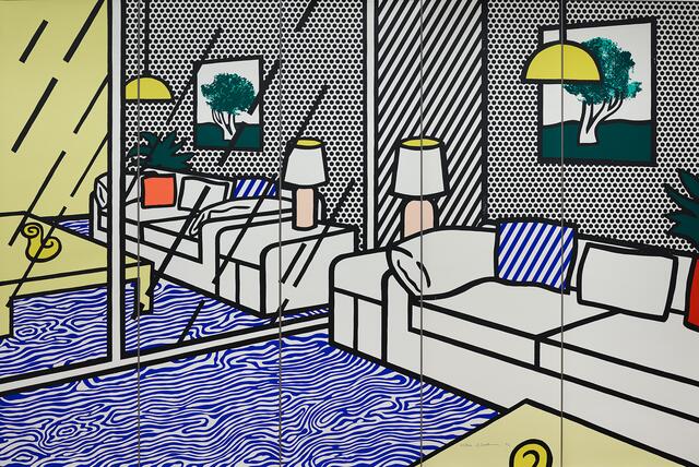 Eines seiner späteren Werke von 1992: "Tapete mit Interieur mit blauem Fußboden". | Foto: Estate of Roy Lichtenstein, Wien 2024