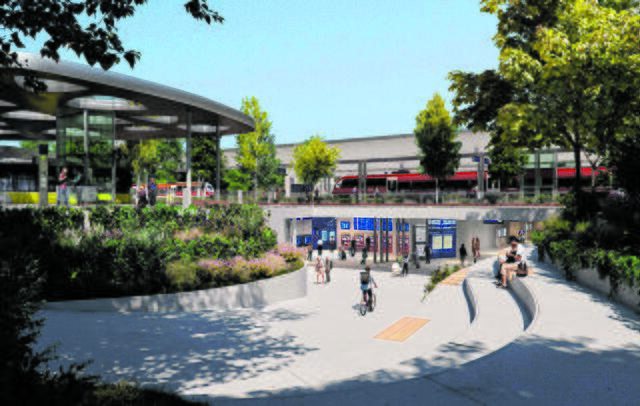 Bahnhof Bregenz Neu: Die Visualisierung zeigt einen Platz mit Bäumen und Brunnen. Der Bahnhofsschalter verschwindet unterirdisch. | Foto: Visualisierung ÖVP