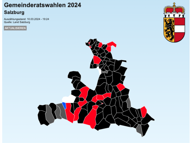 Die Färbung der Gemeindevertretungen in  Salzburgs Gemeinden nach aktuellem Stand (10. März 2024, 19:24 Uhr, Quelle: Land Salzburg). | Foto: meinbezirk.at/salzburg