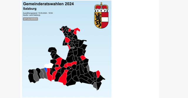 Die Färbung der Gemeindevertretungen in  Salzburgs Gemeinden nach aktuellem Stand (10. März 2024, 19:54 Uhr, Quelle: Land Salzburg). | Foto: meinbezirk.at/salzburg