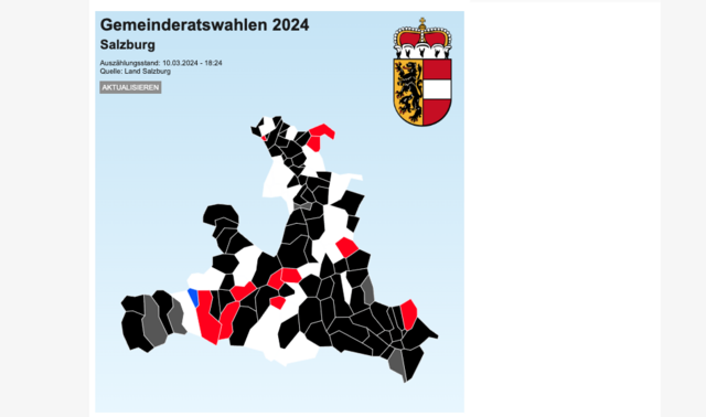 Die Färbungder Gemeindevertretungen nach aktuellem Stand (10. März 2024, 18:24 Uhr). | Foto: meinbezirk.at/salzburg