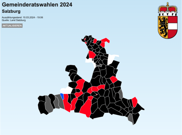 Die Färbung der Gemeindevertretungen in  Salzburgs Gemeinden nach aktuellem Stand (10. März 2024, 19:06 Uhr, Quelle: Land Salzburg). | Foto: meinbezirk.at/salzburg
