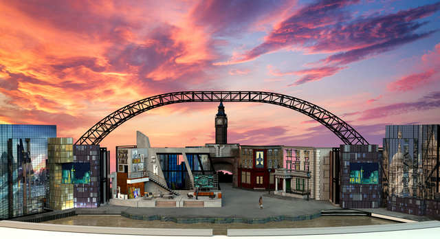 Das See-Bühnenbild von Walter Vogelweider: Das heutige pulsierende London als Weltmetropole - und dem gegenübergestellt das London von vor 100 Jahren.  | Foto: Walter Vogelweider