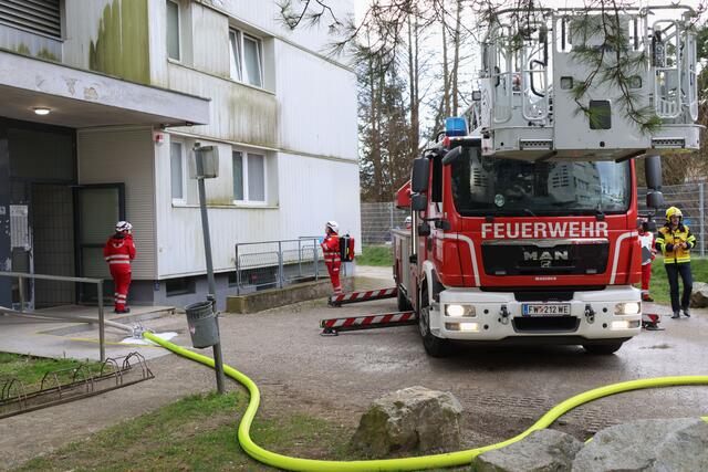 Brand im 11. Stock des Hochhauses in der Traunaustraße in Wels: Die Einsatzkräfte konnten eine bewusstlose Frau retten. | Foto: laumat.at