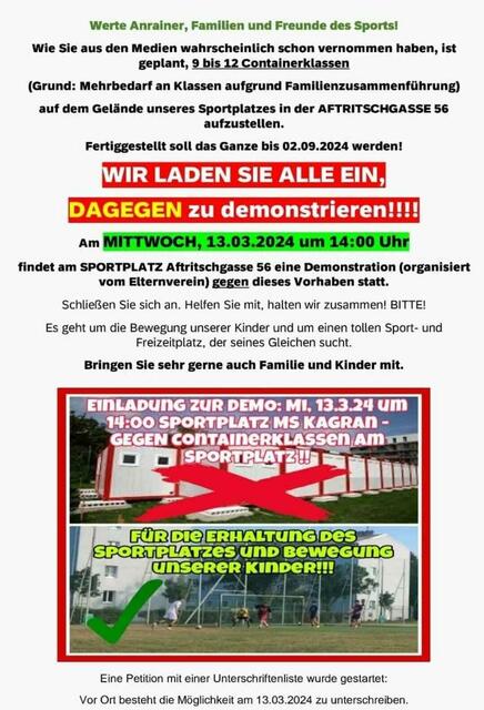 Widerstand gegen Sportplatzverbauung | Foto: Elternverein der MS Kagran 