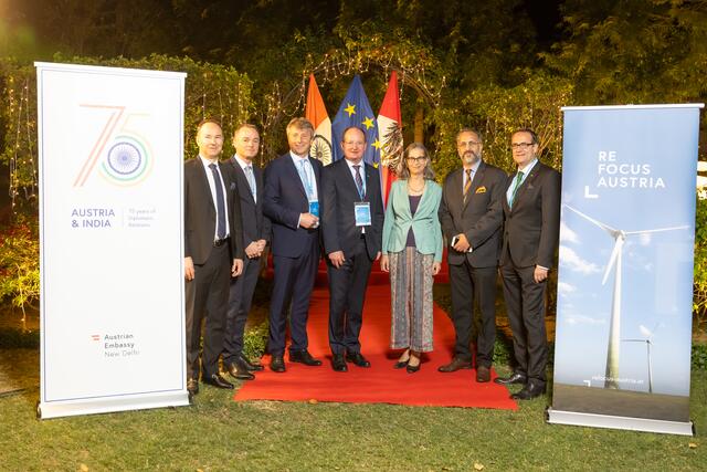 Empfang in der österreichischen Botschaft in Delhi (v.l.): Hans-Jörg Hörtnagl (Wirtschaftsdelegierter in Indien), Gernot Pagger (IV Steiermark), Karl Hartleb (ICS), Herbert Ritter (WKO-Vizepräsident), Botschafterin Katharina Wieser, Direktor für Wirtschaftsdiplomatie im indischen Außenministerium, Christoph Ludwig (SFG) | Foto: ICS