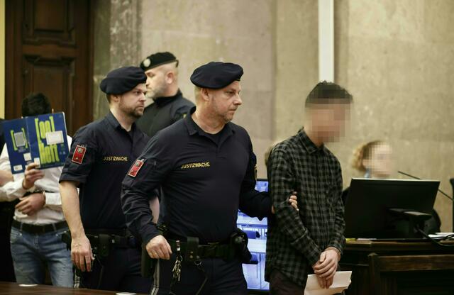 Einer der Tatverdächtigen im Wiener Straflandesgericht beim Prozessbeginn am 8. März. | Foto: TOBIAS STEINMAURER / APA / picturedesk.com