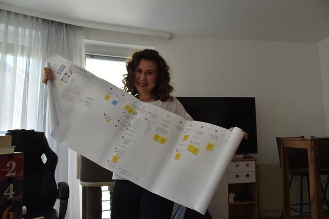 Xenia Lamprecht zeigt das Storyboard von einem ihrer kniffligen Fälle. | Foto: Pufler