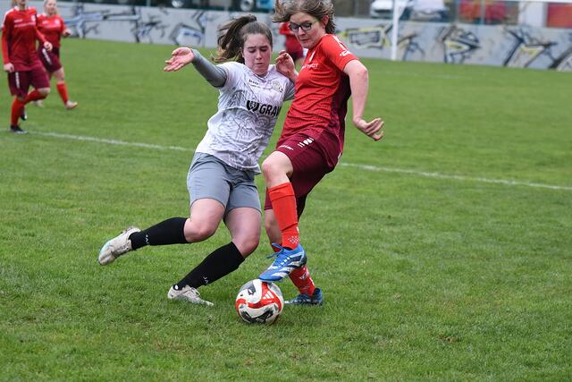 Sandra Halbmayer (rechts rotes Trikot) kämpft in einem intensiven Zweikampf.

 | Foto: Thomas Navratil