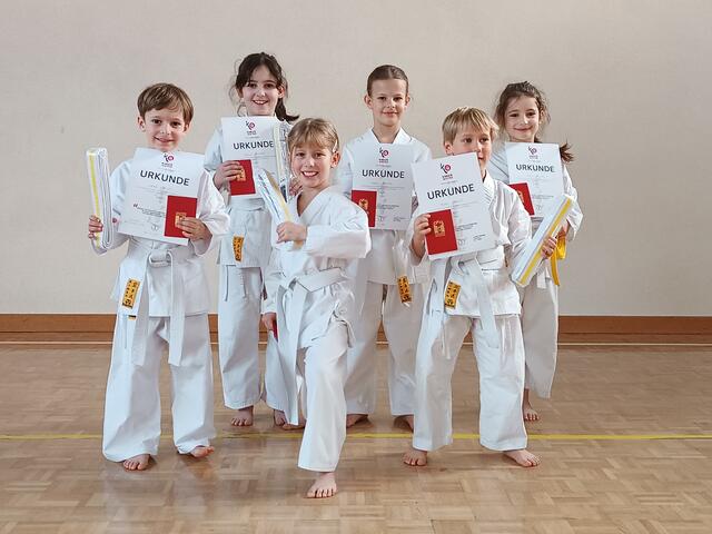 hinten: Emilia Reisner, Sophia Kalina, Sofia Reisner
vorne: Lorenz Kalina, Magdalena Vogler, Thomas Vogler | Foto: Frieways Karateklub
