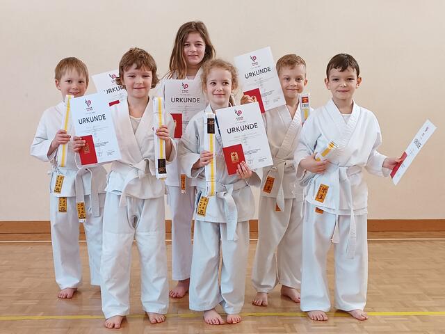 hinten: Fynn Darabos, Isabella Scharka, Paul Leeb
vorne: Niklas Windisch, Katharina Weinmüllner, Oliver Steiger | Foto: Frieways Karateklub