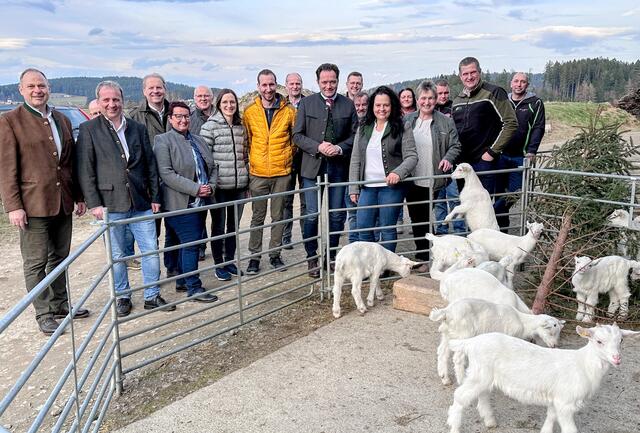 Besuch von Landwirtschaftsminister Totschnig am Ziegenhof Horner in Schenkenfelden gemeinsam mit ÖVP-Bezirksparteiobmann NR Michael Hammer, LAbg. Josef Rathgeb, Bürgermeisterin Doris Leitner, Landesbäuerin Johanna Haider, Bauernbund-Direktor Wolfgang Wallner und örtlichen Vertretern. | Foto: ÖVP/Kapl