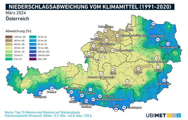 Die Niederschlagsabweichungen vom Klimamittel für den März 2024. | Foto: Ubimet