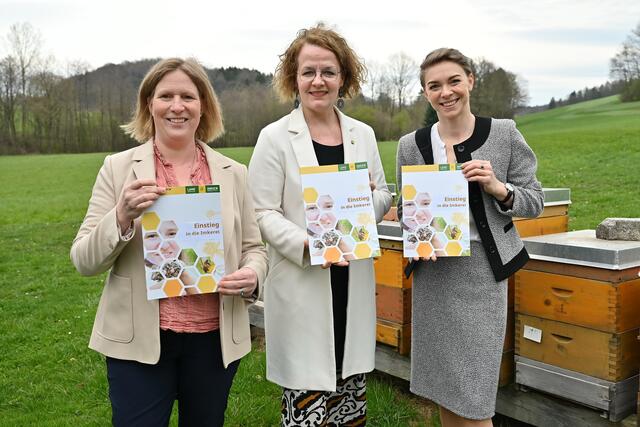 (v.l.n.r.) Autorin Karoline Ofenböck, Bildungs-Landesrätin Christiane Teschl-Hofmeister und Autorin Valeria Voit präsentieren das neue Imkerei-Lehrbuch  | Foto: Jürgen Mück