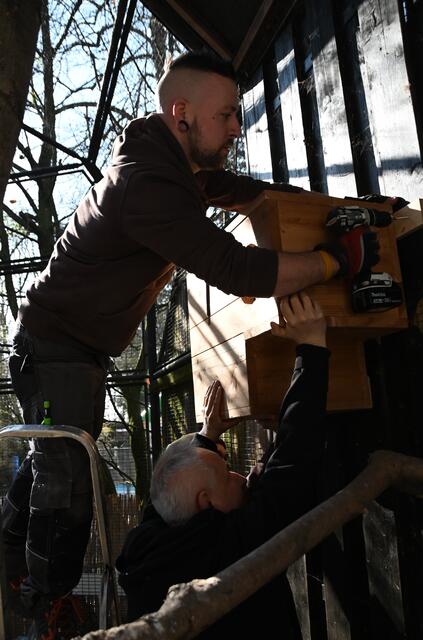 Julian und Harald montieren die Nistkästen.