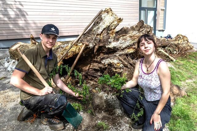 Die Schüler Noah Fischer(HBLA Ursprung) und Laurine Weghofer (MORG) haben in Grödig gemeinsam neue Lebensräume für Kleintiere geschaffen. | Foto: Franz Neumayr/HBLA Ursprung