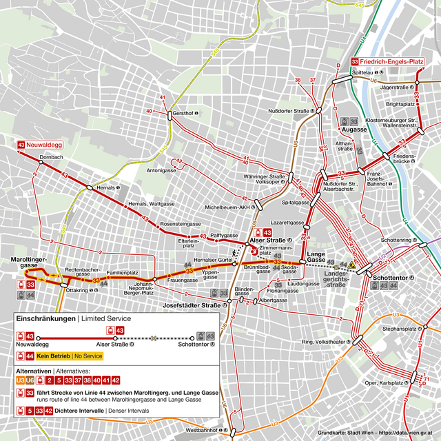 Die Übersicht zu den Einschränkungen zwischen Dienstag, 16. April, bis inklusive Montag, 2. September 2024. | Foto: Wiener Linien