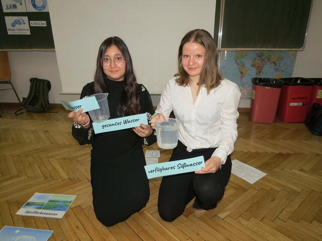 Yagmur und Lea zeigen den Anteil von Trinkwasser am gesamten Wasservorkommen. | Foto: Sabine Krammer