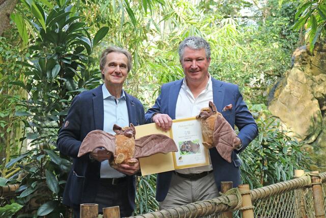 Johann Strauss 2025 Wien übernimmt passend zum Jubiläum der Operette "Die Fledermaus" die Patenschaft der Flughunde im Tiergarten Schönbrunn. Intendant Roland Geyer (li.) bei seinem Besuch der Flugtiere im Zoo.  | Foto: Tiergarten Schönbrunn