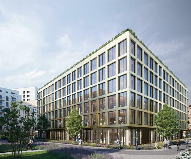 Direkt hinter dem Leopoldquartier soll eine neue Grünfläche mit Bäumen und Blumen entstehen. | Foto: UBM (Visualisierung)