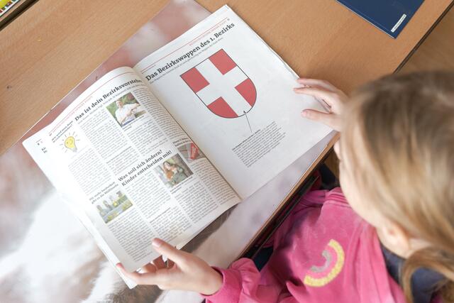 Gemalt, gehäkelt, gebastelt: Jedes Kind der 3b hat das Bezirkswappen in bildnerischer Erziehung individuell gestaltet.  | Foto: Maximilian Spitzauer/RMW