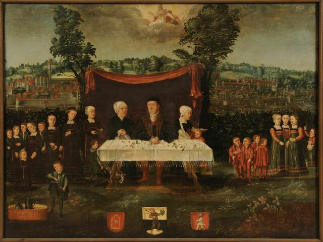 Das Tafelbild in der Größe von 90 mal 118 Zentimetern des Stadtrichters Coloman Dorninger sowie seiner zwei Frauen und 20 Kinder aus dem Jahr 1548. | Foto:  Nationales Denkmalinstitut, Arbeitsstelle Brno