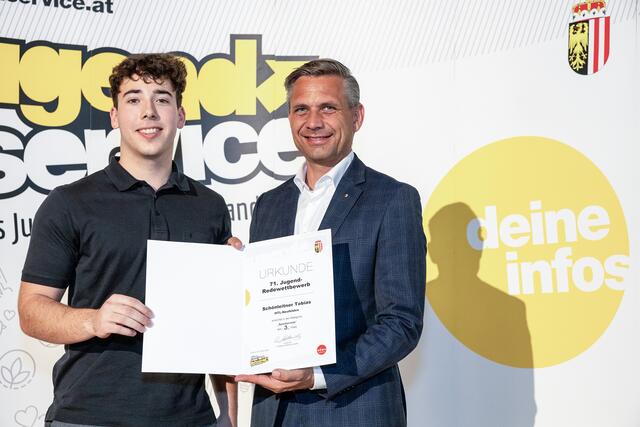Tobias Schönleitner (l.) belegte in der Kategorie "Spontanrede" den dritten Platz. | Foto:  Krenn/Land OÖ