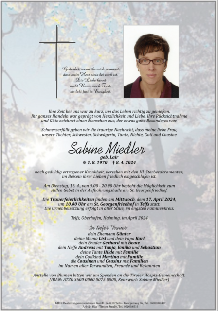 Parte von Sabine Miedler, geborene Lair. | Foto: Tiroler Tageszeitung