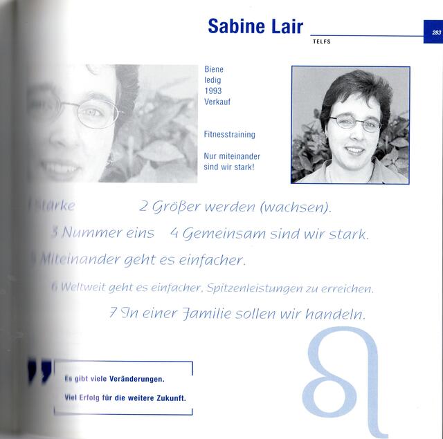 Die Seite von Sabine Lair im Hypo Buch. Spitznamen, damaliger Familienstand, Eintrittsjahr in die Hypo, Wo beschäftigt?, Hobby, Lebensmotto. Die 7 Schlüsselwörter und Sätze, die zwei Wünsche für die Hypo in der Klammer. Das Sternzeichen ... | Foto: Herbert Waltl