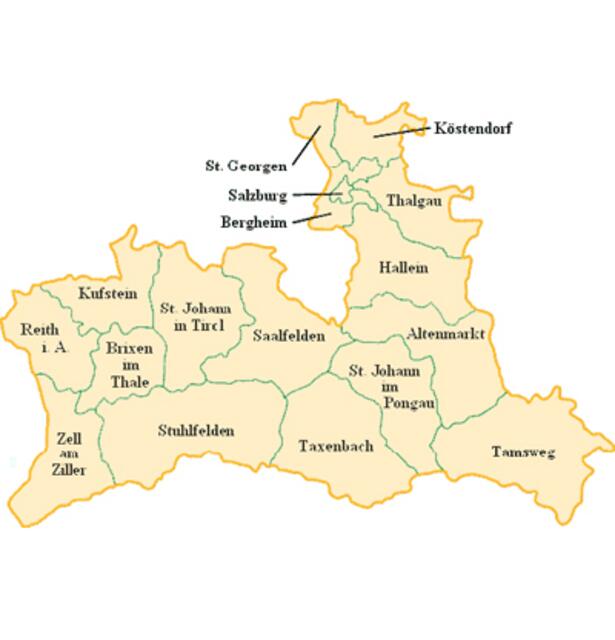 In Salzburg gibt es derzeit (Stand 2019) 210 Pfarren und 16 Dekanate. Als Dekanate werden kirchliche Verwaltungseinheiten bezeichnet (im Bild) Zur Erzdiözese Salzburg gehört auch ein Teil Tirols (mit Bezirk Kitzbühel). | Foto: Grafik: Diözese