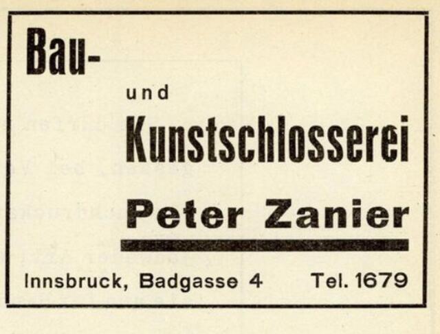 Alte Anzeige der Bau- und Kunstschlosserei Zanier in der Badgasse 4. | Foto: Adressbuch 1938, Seite 87