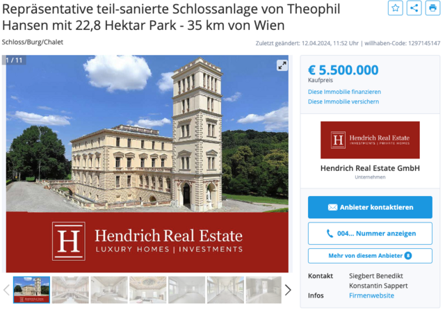 Kaufpreis des Schlosses: 5,5 Millionen Euro | Foto: Screenshot Willhaben