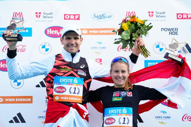 Mario Bauernfeind und Julia Mayer liefen als bester Österreicher bzw. beste Österreicherin durchs Ziel dies VCM 2024. | Foto:  EVA MANHART / APA / picturedesk.com