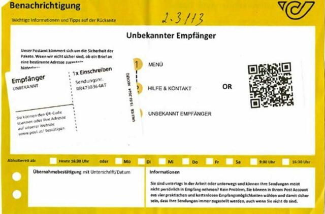 So sehen die gefälschten Postbenachrichtigungen aus, die kürzlich in steirischen Briefkästen gelandet sind. Auch in Wien sollen bereits solche Fälle bekannt sein. | Foto: post.at