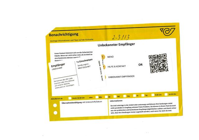Neue Betrugsmasche: Die Post und die Polizei warnen vor gefälschten Postabholzettel, die derzeit in Wien im Umlauf sein sollen. | Foto: Post AG