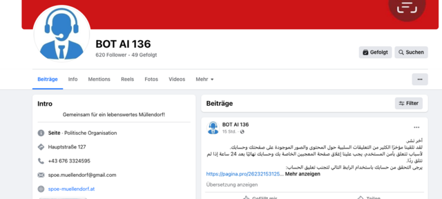 Die Facebookseite der SPÖ Müllendorf heißt jetzt "BOT AI 136". Eine neue Seite der Ortspartei wurde bereits eingerichtet.  | Foto: Screenshot/facebook