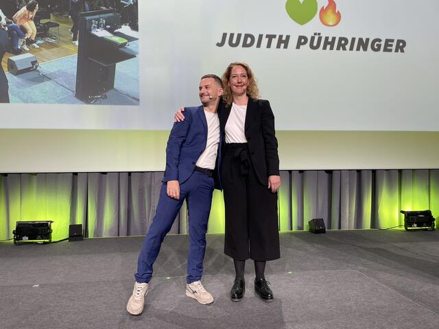 Peter Kraus und Judith Pühringer wurden als Grüne Doppelspitze für Wien am Samstag bestätigt. | Foto: Johannes Reiterits/RMW