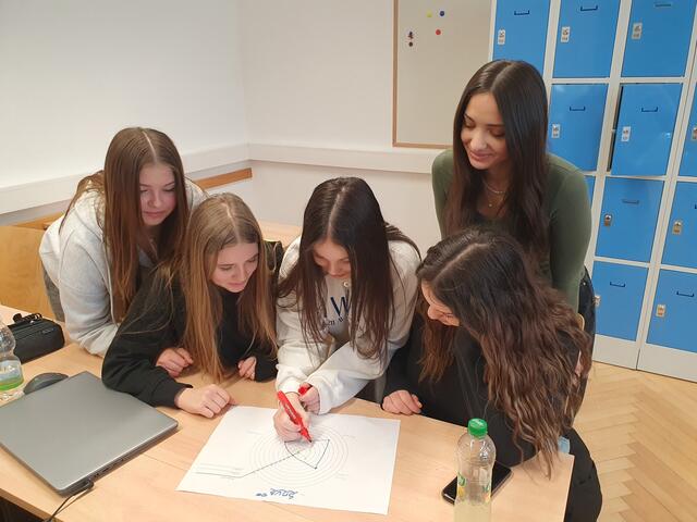 Schülerinnen der 1AK beim Re-Designen eines Textmarkers v.l.n.r.: Johanna Reingruber, Eileen Reichartzeder, Selda Koc, Ceyda Koc, Miriam Khamkhoev | Foto: HAK