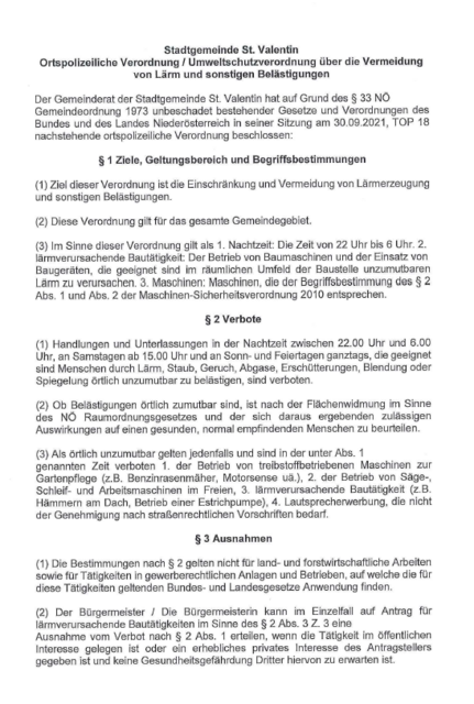 St. Valentin: Umweltschutzverordnung über die Vermeidung von Lärm und sonstigen Belästigungen | Foto: STADTGEMEINDE St. Valentin