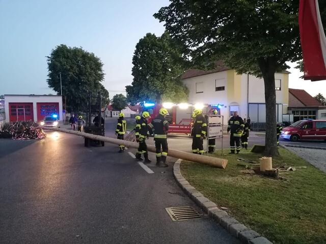 Der umgeschnittene Maibaum blockierte die Straße.  | Foto: Feuerwehr Stotzing
