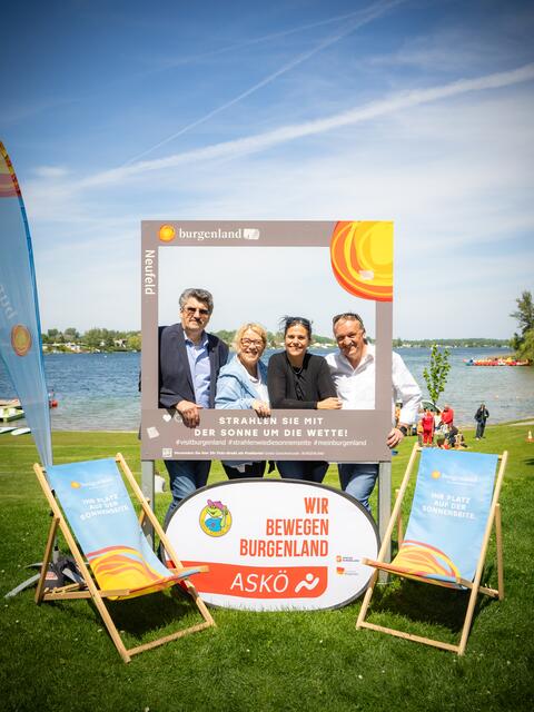 (v.l.n.r.): Christian Popovits (Vizebürgermeister Neufeld an der Leitha), Brigitta Pelzer (Geschäftsführerin des Tourismusverbandes Mittelburgenland-Rosalia), Daniela Stoll (Geschäftsführerin Neufelder Seebetriebe) und Michael Lampl (Bürgermeister Neufeld an der Leitha) | Foto: Burgenland Tourismus/Andreas Hafenscher